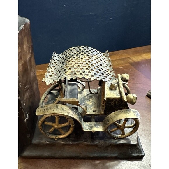 Vintage Wooden Bookends with Metal Sculptured Cars dark wooden base - Picture 10 of 11